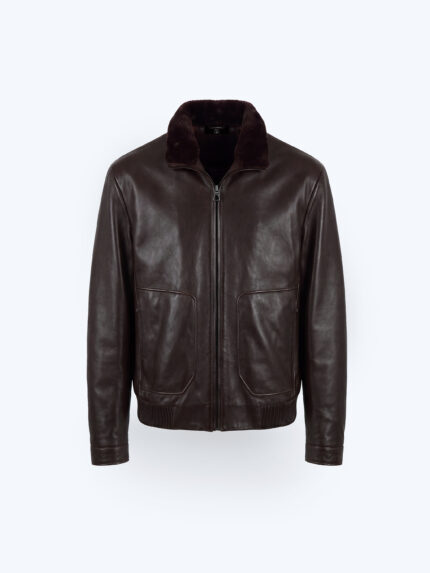 Brown Leather Jacket with Shearling Collar