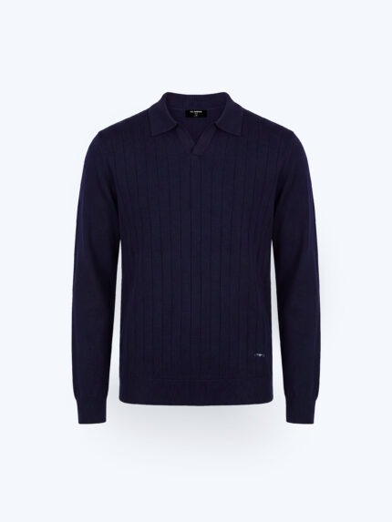 Navy Blue Wool-Blend Polo Knit T-Shirt