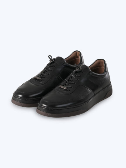 Black Leather Lace-Up Chunky Sole Sneakers